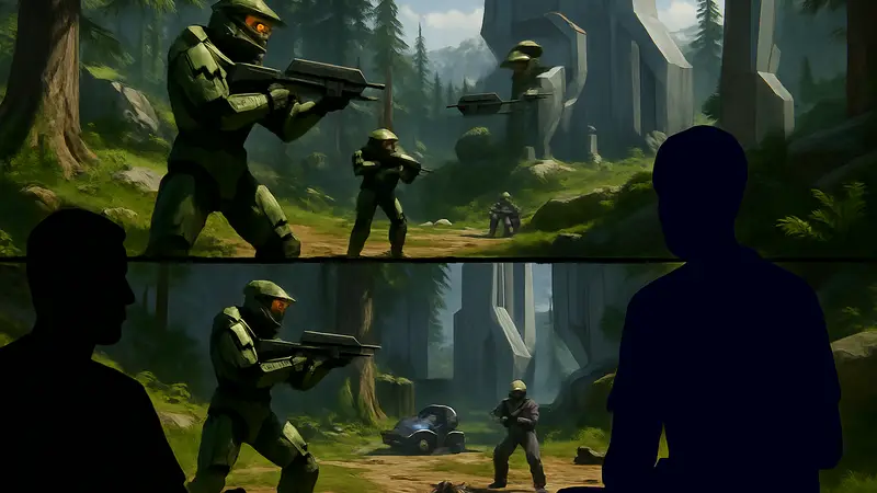 Геймплей сплитскрина в игре Halo: Campaign Evolved с двумя игроками на одном экране