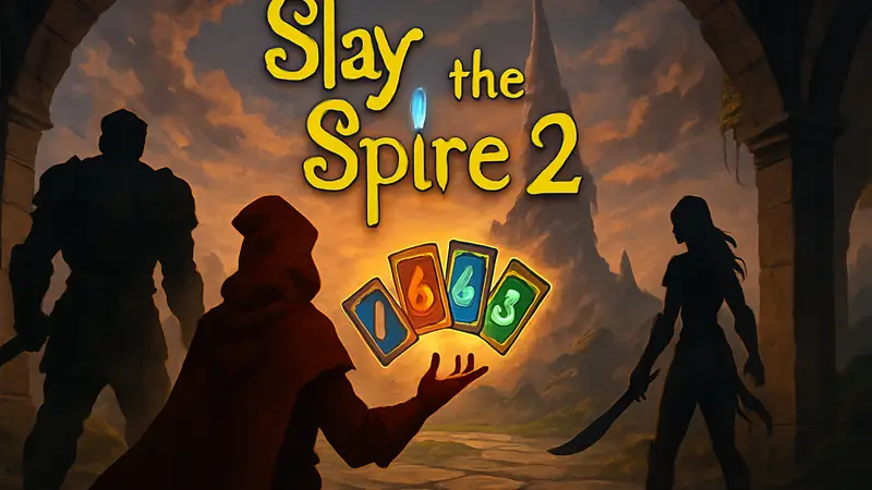 Обложка игры Slay the Spire 2 с персонажами и карточной колодой, символизирующая декбилдинг.