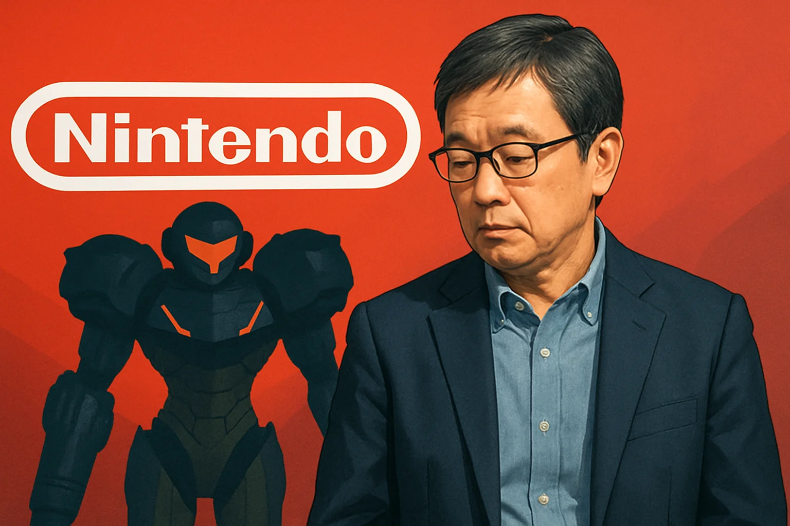 Кэнсуке Танабе, продюсер Metroid Prime, на фоне логотипа Nintendo, символизирующий его уход из компании.