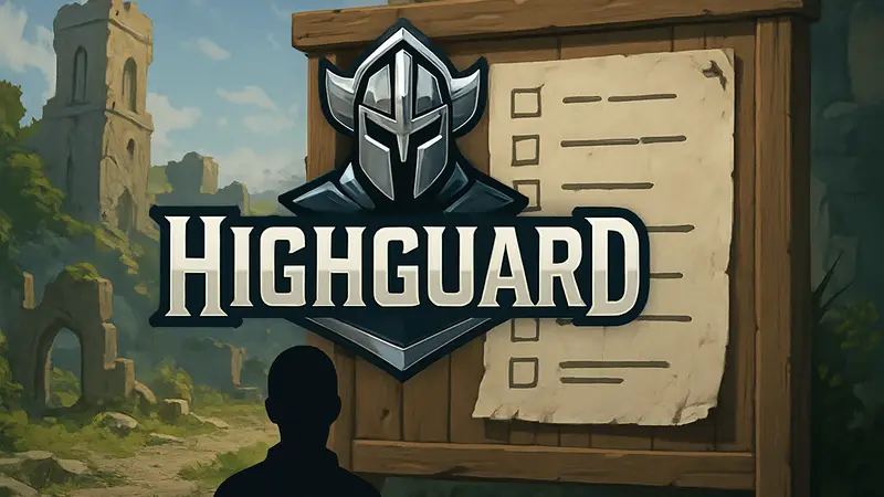 Логотип игры Highguard, на фоне списка недостающих игровых функций.