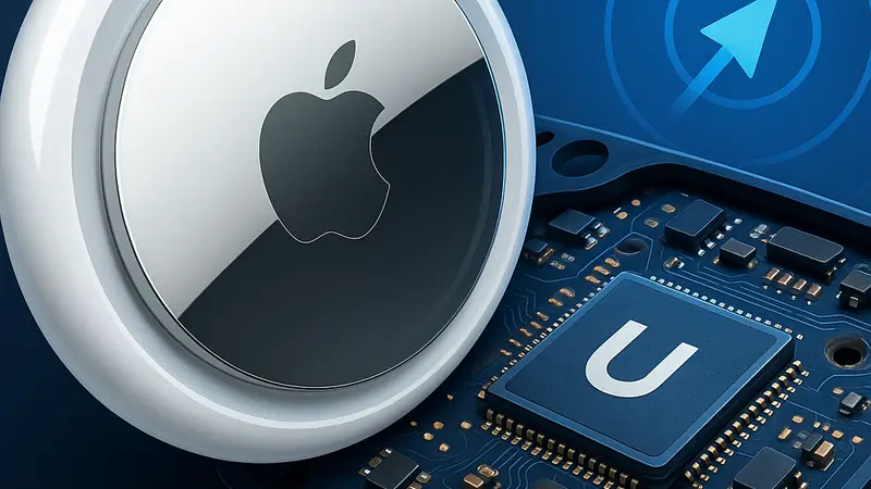 Новый Apple AirTag крупным планом, демонстрирующий чип UWB и элементы дизайна, с функцией Precision Finding.