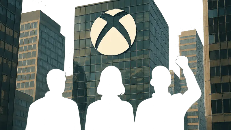 Логотип Xbox на фоне офисных зданий, символизирующий корпорацию