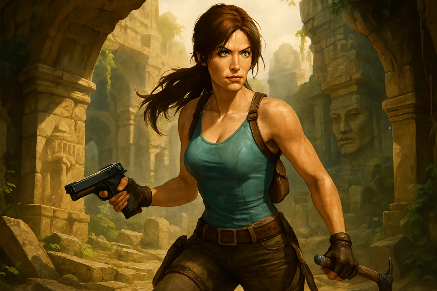 Изображение Лары Крофт из новой серии комиксов Tomb Raider, готовой к приключениям в древних руинах.