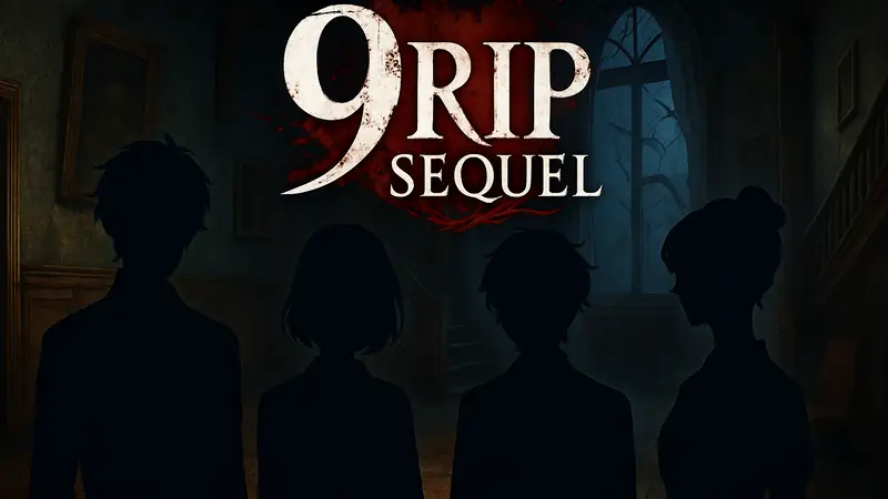 Логотип игры 9 RIP Sequel на фоне стилизованных персонажей otome-хоррора.