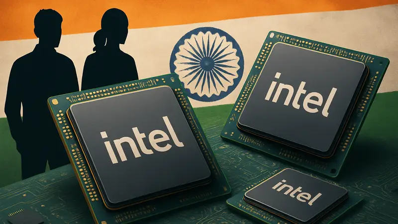 Компьютерные чипы Intel на фоне индийского флага, символизирующие новое производство.