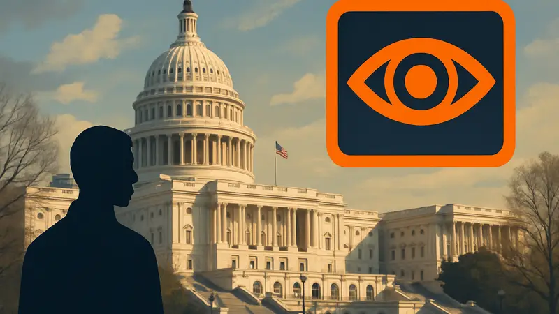 Здание правительства США и значок слежки, символизирующий закон Section 702