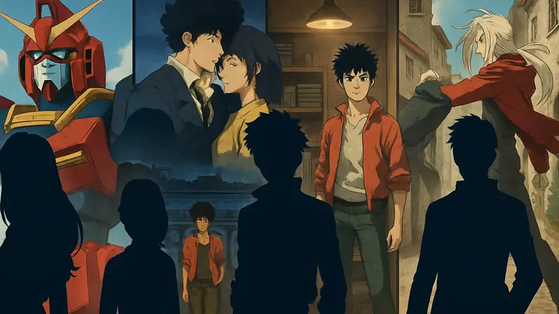 Коллаж из кадров популярных аниме 90-х годов, демонстрирующий их стиль и персонажей.