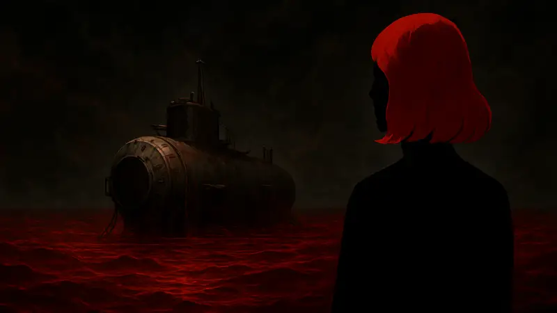 Кадр из игры Iron Lung, показывающий подводную лодку в красном океане крови, с жуткой атмосферой.