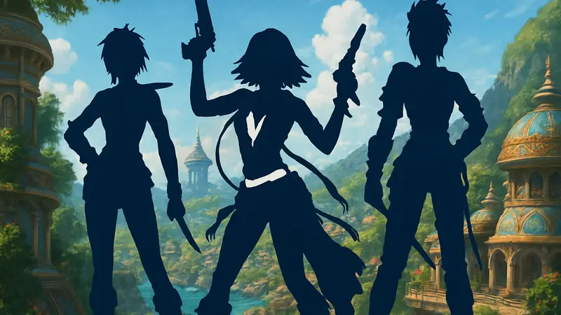 Героини Final Fantasy X-2, Юна, Рикку и Пэйн, в боевых позах на фоне яркого мира Спиры.