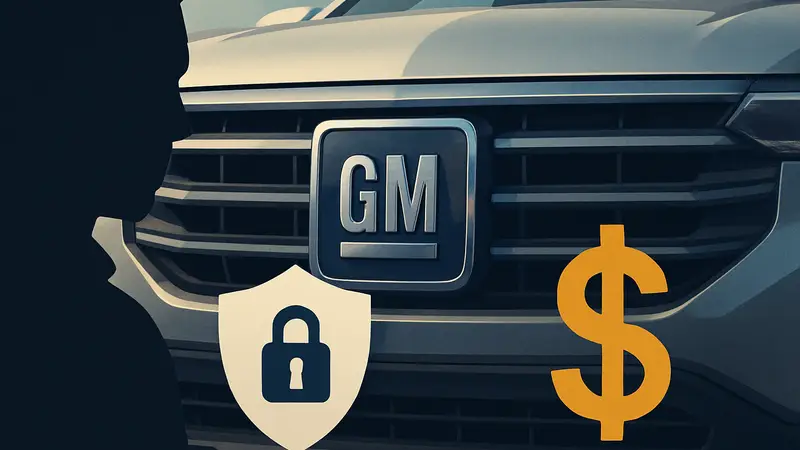 Логотип General Motors на решётке автомобиля, рядом символы конфиденциальности и значок доллара.