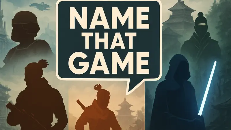 Логотип викторины Name That Game с изображениями героев видеоигр и фильмов в стиле загадки.