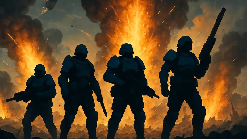 Helldivers 2: отряд солдат на фоне взрывов во время Галактической Кампании.