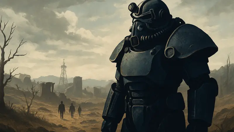 Персонаж в силовой броне из Fallout 76 на фоне постапокалиптической пустоши.