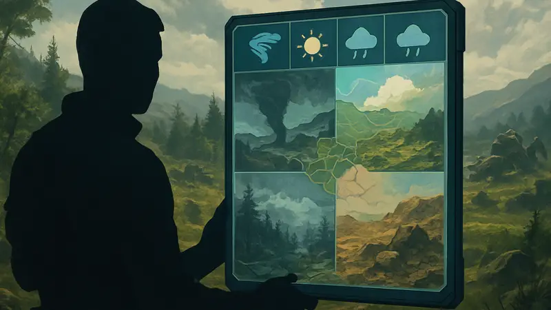 Игровой трекер карты в Arc Raiders, показывающий различные погодные условия и изменения ландшафта.