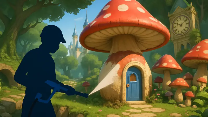 Скриншот из дополнения «Приключения Алисы» в PowerWash Simulator, показывающий новую локацию.