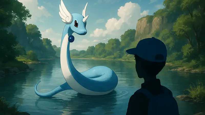 Покемон Dragonair, парящий над водой, из вселенной Pokémon