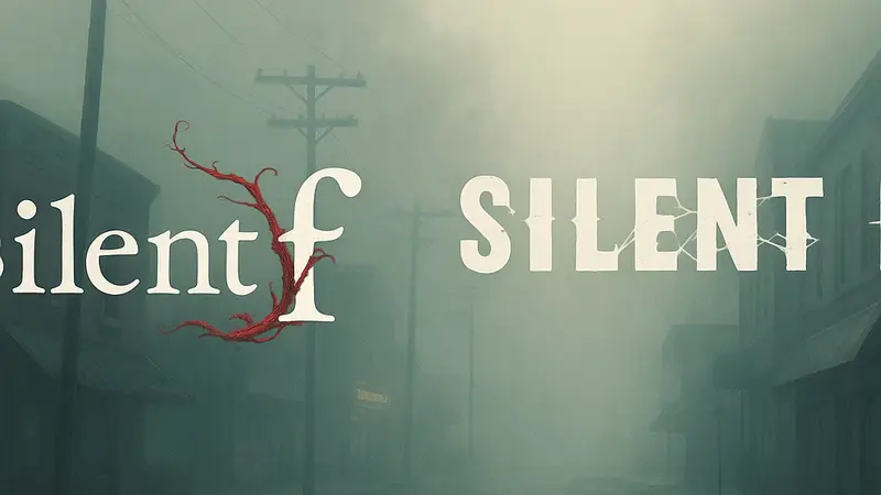 Логотипы Silent Hill f и ремейка Silent Hill 2 на фоне туманного города