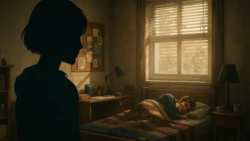 Игровой скриншот из Life Is Strange: Reunion с персонажем, наблюдающим за спящим гостем.