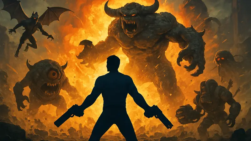 Логотип Serious Sam: Shatterverse на фоне взрывов и монстров