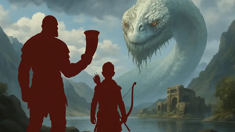 Кратос и Атрей на фоне Мирового Змея в God of War, намек на тайну Лафей.