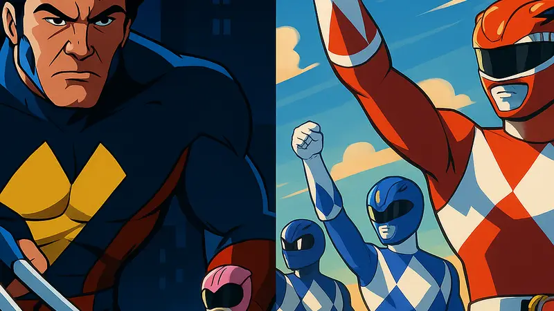 Кадры из мультсериалов X-Men: The Animated Series и Mighty Morphin Power Rangers, демонстрирующие стилистическое сходство.