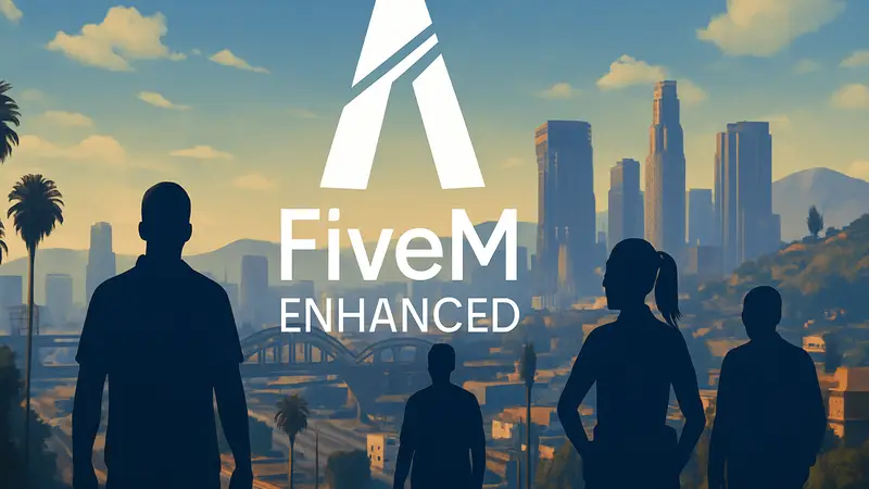 Логотип FiveM Enhanced на фоне игрового мира GTA 5, символизирующий улучшение GTA RP.