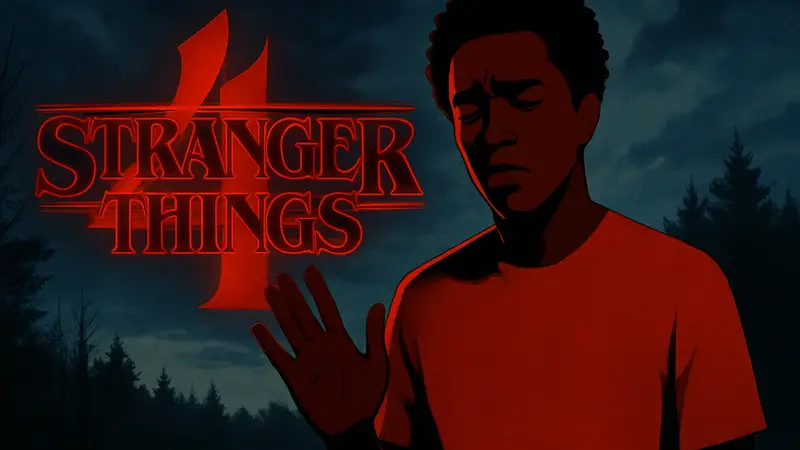 Кейлеб МакЛафлин (актер Лукаса) на фоне логотипа сериала «Очень странные дела», призывающий фанатов. Его лицо выражает усталость от фанатских теорий.