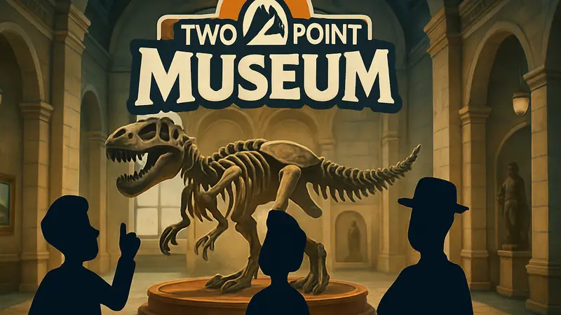 Обложка игры Two Point Museum с персонажами на фоне музейного экспоната