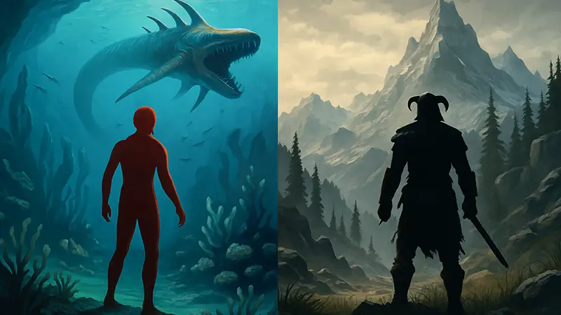 Игровая карта открытого мира из Subnautica и Skyrim, символизирующая опасное окружение.