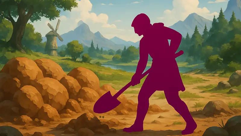 Глиняные залежи в мире Windrose, игрок добывает ресурс лопатой.