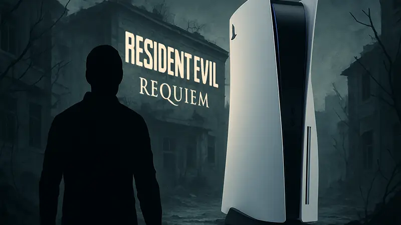 Логотип игры Resident Evil Requiem на фоне консоли PlayStation 5, символизирующий большой размер загрузки