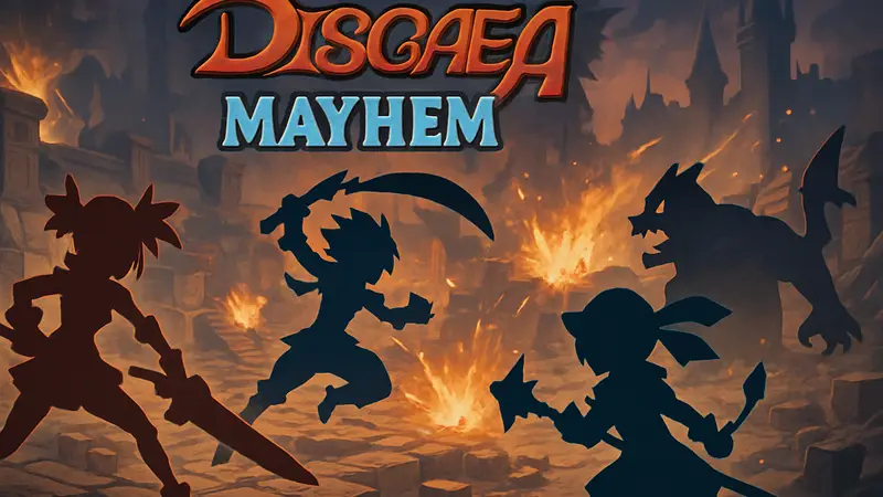 Логотип Disgaea Mayhem и скриншот из игры с безумным экшеном и персонажами.