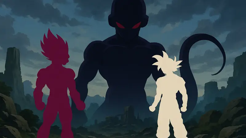 Вегета в своей форме Ultra Ego и Гоку в Ultra Instinct, на фоне Чёрного Фризы, из аниме Dragon Ball.