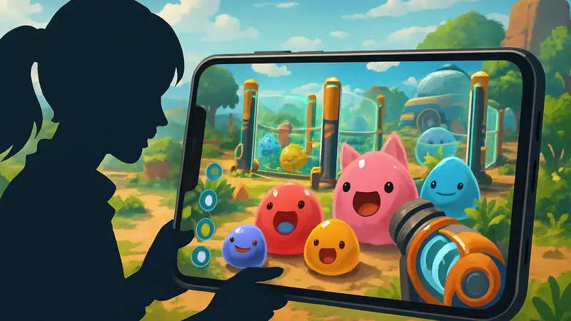 Изображение скриншота мобильной версии Slime Rancher с новым интерфейсом и милыми слаймами.