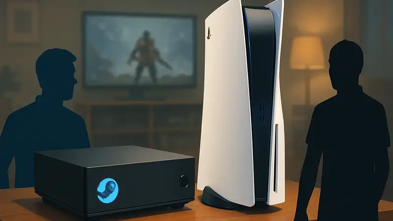 Изображение Steam Machine рядом с консолью PlayStation 5, символизирующее конкуренцию на рынке игрового оборудования.