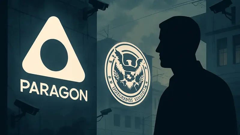 Логотип Paragon и ICE, символизирующие технологии наблюдения, используемые для борьбы с преступностью.