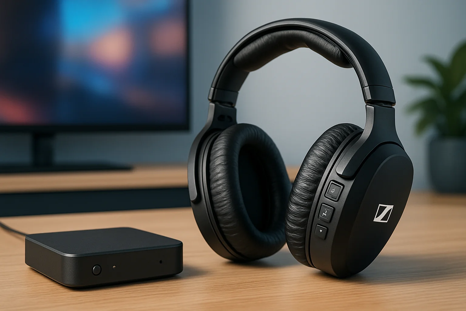 Беспроводные ТВ-наушники Sennheiser RS 275 рядом с компактным цифровым ресивером BTA1 на столе.
