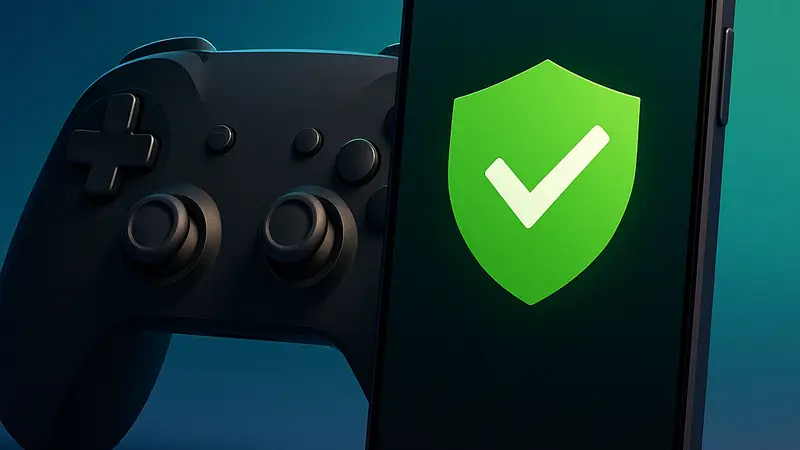 Изображение смартфона с логотипом IPVanish на фоне игрового контроллера, демонстрирующее безопасный мобильный гейминг.
