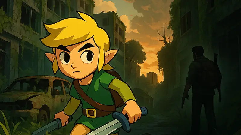 Изображение новой приключенческой игры, сочетающей яркий стиль Zelda Wind Waker и мрачную атмосферу The Last Of Us.