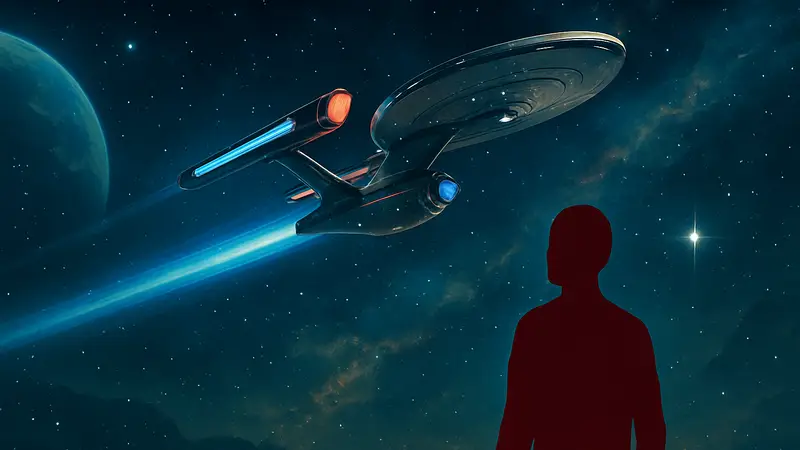 Космический корабль из Star Trek Online, летящий сквозь космос, символизирующий обновление старых сюжетов.