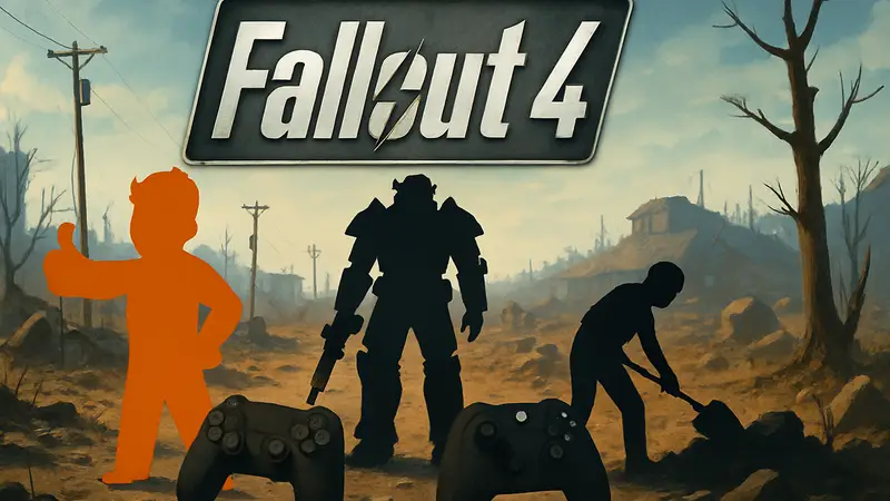 Логотип Fallout 4 на фоне пустоши с несколькими модами и консольными геймпадами