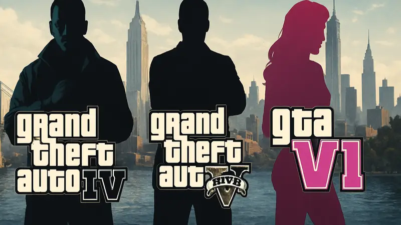 Обложка Grand Theft Auto 4 с персонажами и логотипами GTA 5, GTA 6 на фоне Нью-Йорка.
