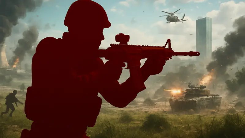 Игровой скриншот Battlefield 6 с персонажем, держащим мета-оружие, на фоне поля боя.