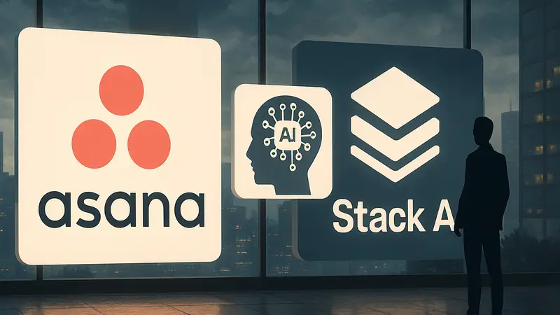 Логотипы компаний Asana и Stack AI, символизирующие их объединение в сфере ИИ.