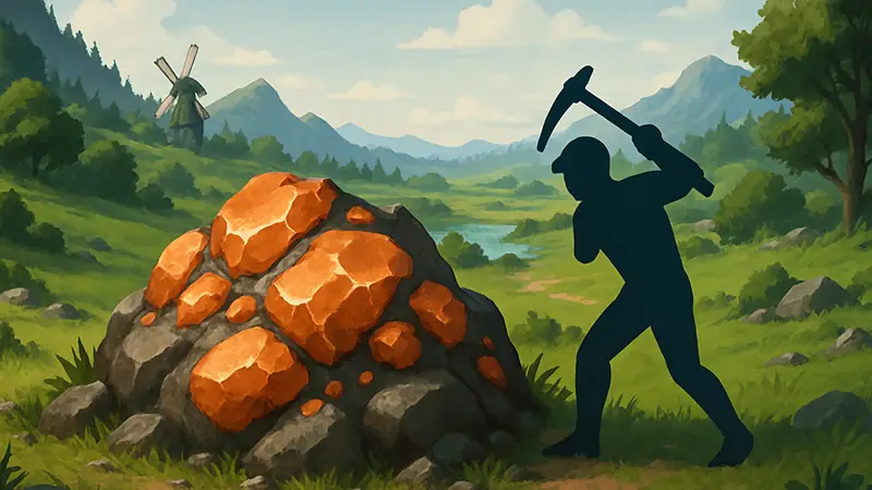 Изображение показывает медную руду в игре Windrose на фоне игрового ландшафта.