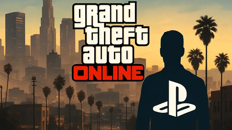 Логотип Grand Theft Auto Online на фоне города, с указанием PlayStation