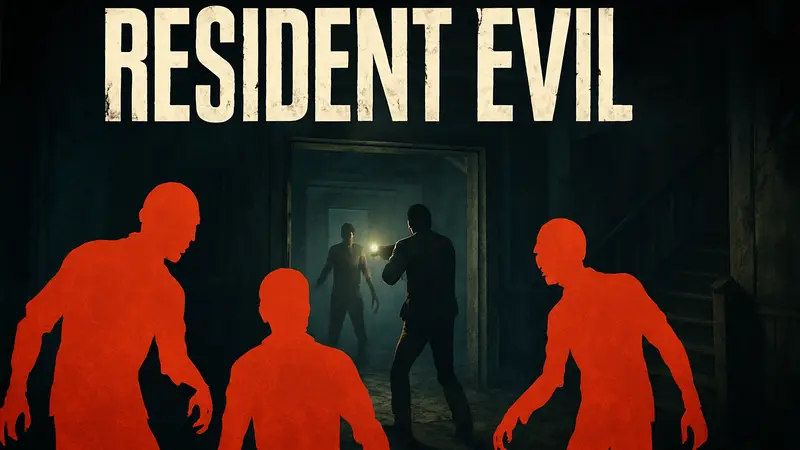 Логотип Resident Evil, силуэты зомби, скриншот игры в жанре хоррор