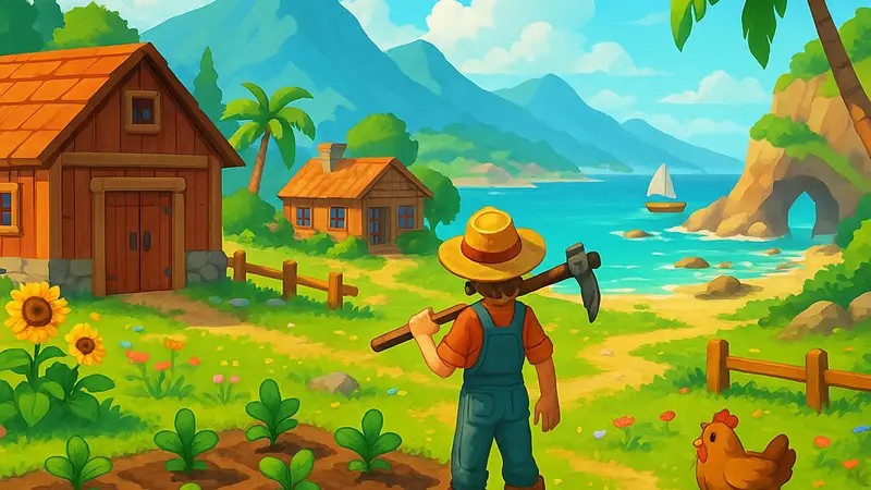 Изображение 3D-игры в стиле Stardew Valley, возможно, Starsand Island, с элементами фермерства и приключений.
