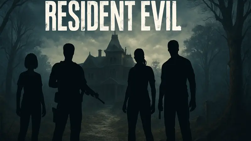 Логотип фильма Resident Evil и персонажи из игры
