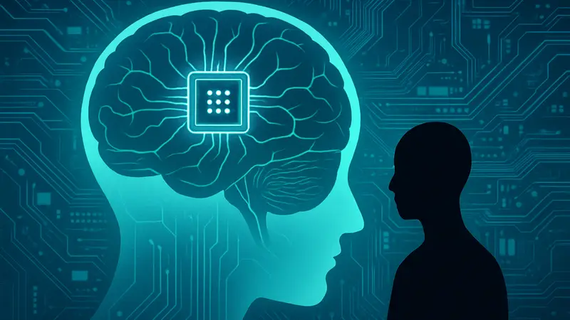 Схематическое изображение мозгового импланта или чипа, интегрированного в человеческий мозг, на технологичном фоне.